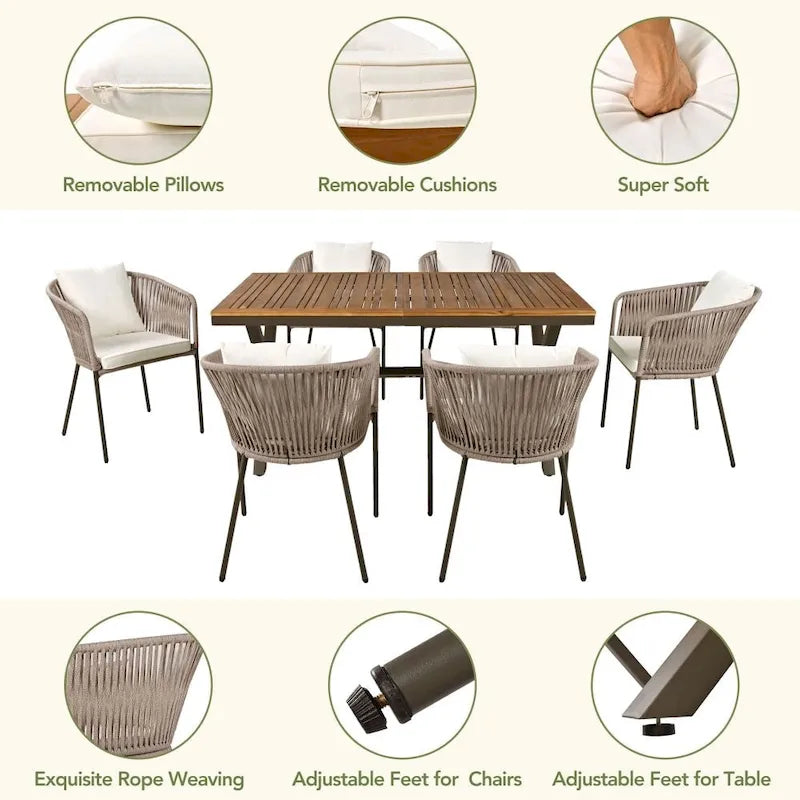 Ensemble de salle à manger de patio 7 pièces, mobilier d'extérieur toutes saisons avec table et chaises de salle à manger
