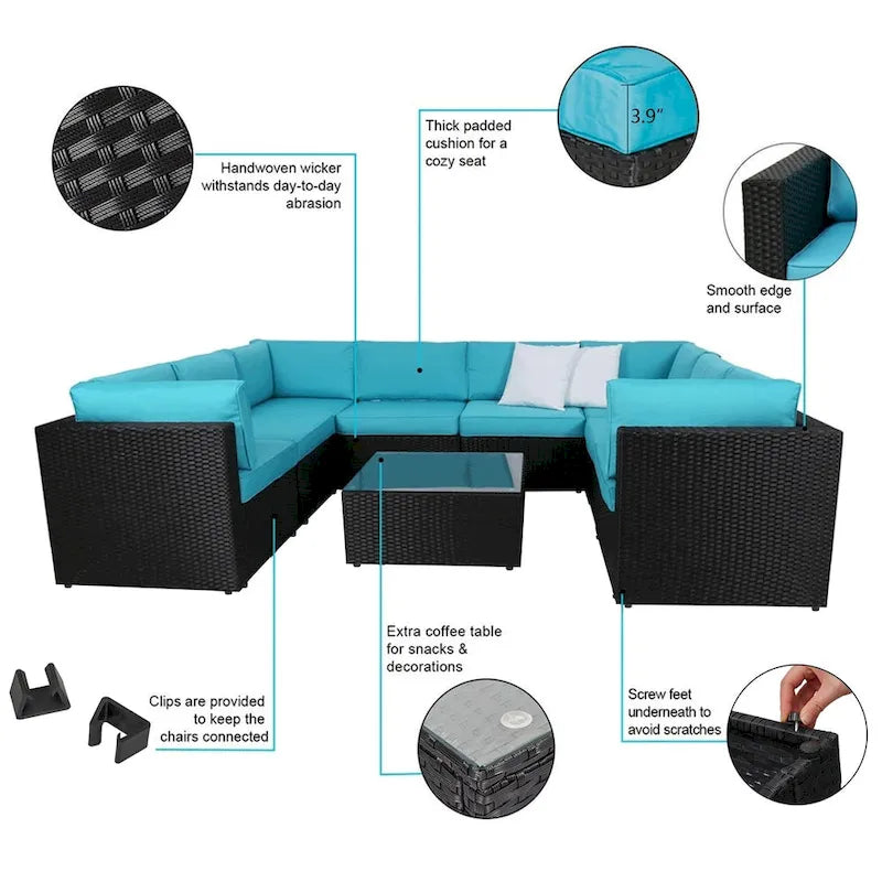 Canapé d'angle Kinbor 9 pièces pour l'extérieur, en rotin tressé toutes saisons, avec coussins, pour patio intérieur et extérieur