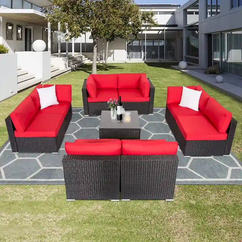 Canapé d'angle Kinbor 9 pièces pour l'extérieur, en rotin tressé toutes saisons, avec coussins, pour patio intérieur et extérieur