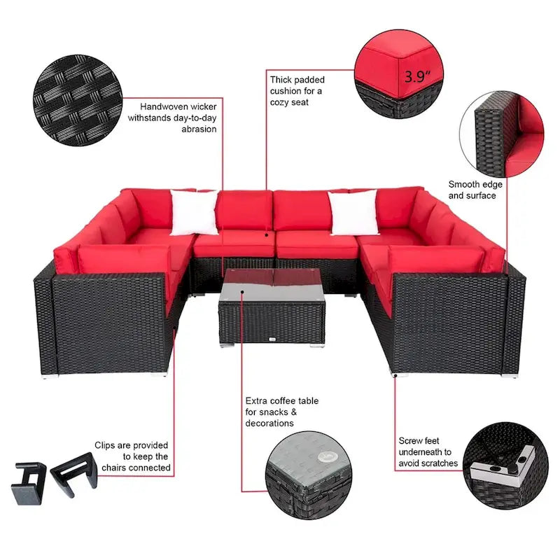 Canapé d'angle Kinbor 9 pièces pour l'extérieur, en rotin tressé toutes saisons, avec coussins, pour patio intérieur et extérieur