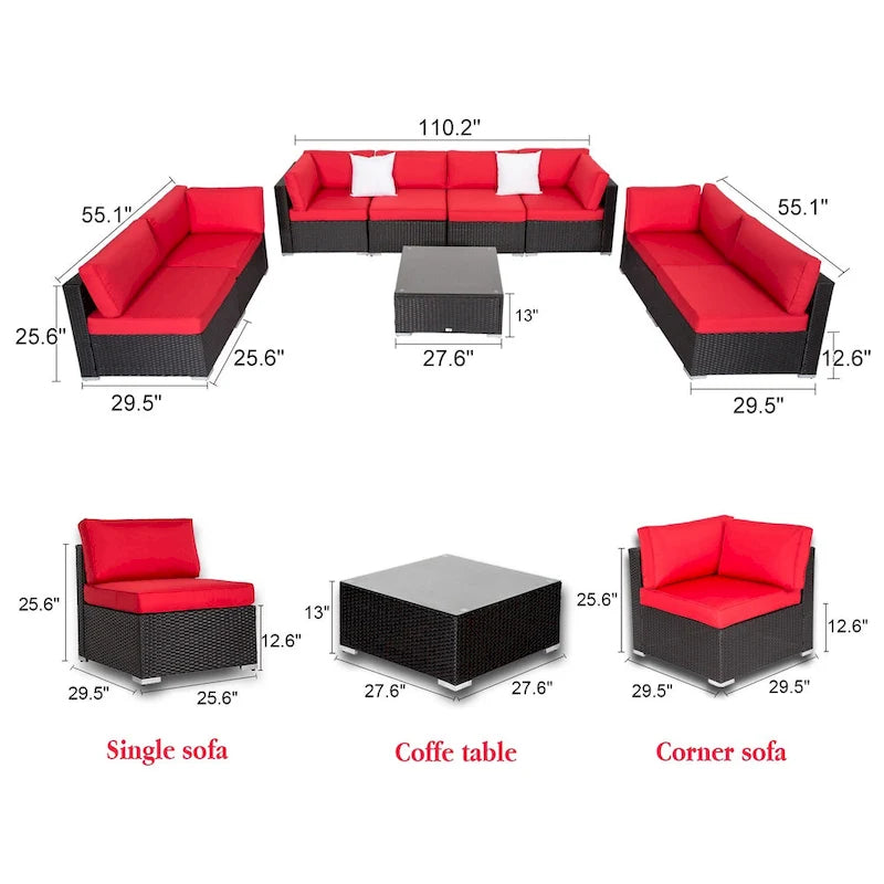 Canapé d'angle Kinbor 9 pièces pour l'extérieur, en rotin tressé toutes saisons, avec coussins, pour patio intérieur et extérieur