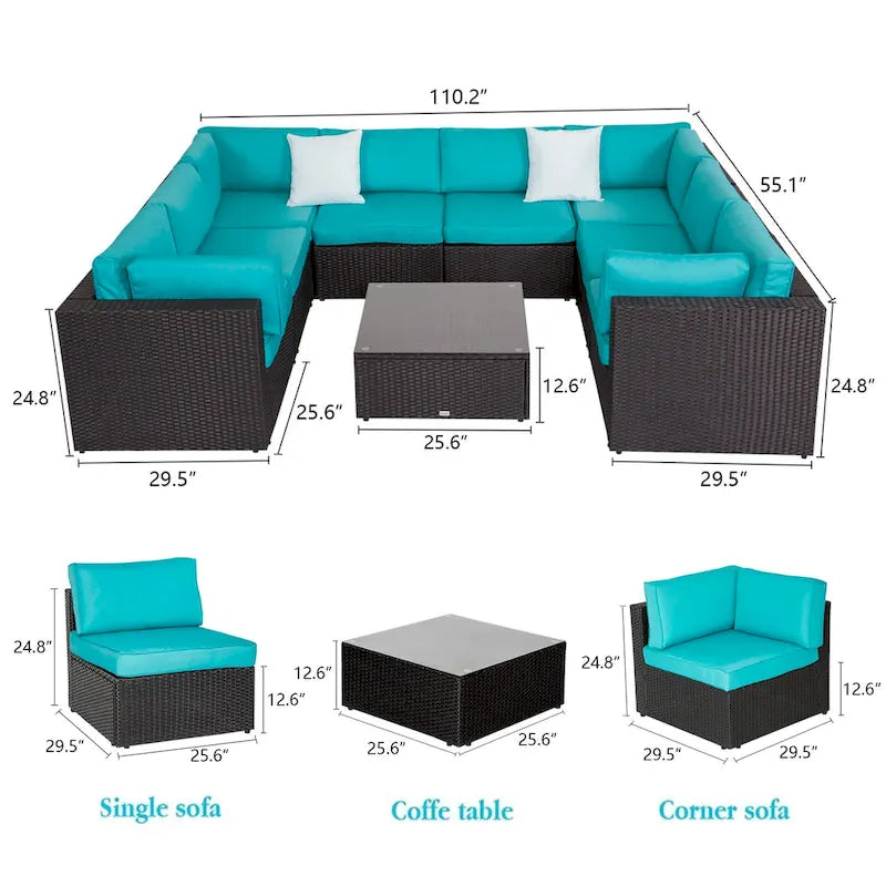 Canapé d'angle Kinbor 9 pièces pour l'extérieur, en rotin tressé toutes saisons, avec coussins, pour patio intérieur et extérieur