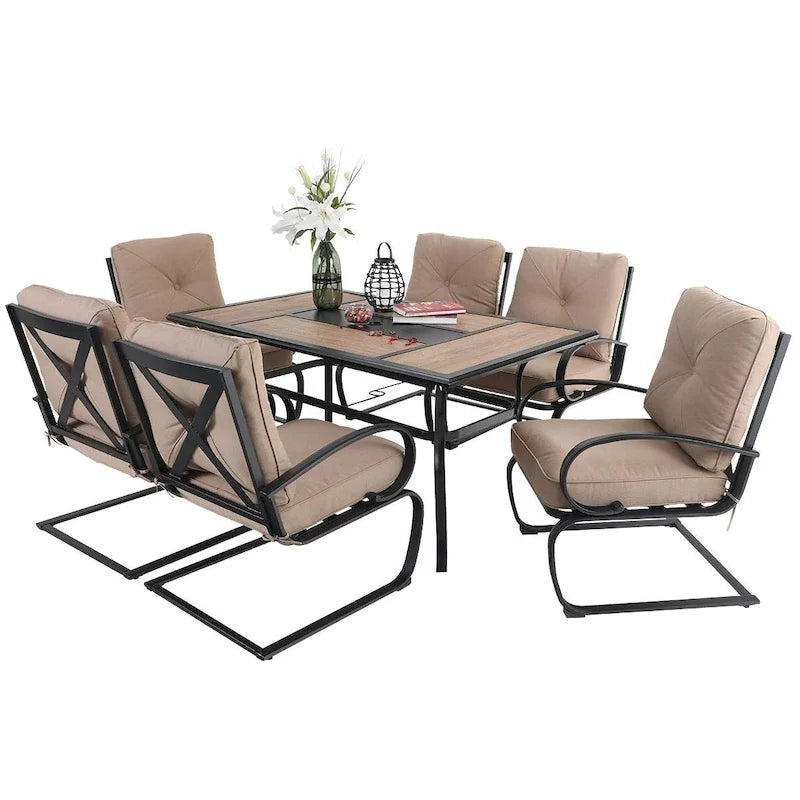 MAISON ARTS Ensemble de salle à manger de patio 7 pièces, comprenant 6 chaises de salle à manger à mouvement de ressort rembourrées avec accoudoirs et 1 table de salle à manger de patio