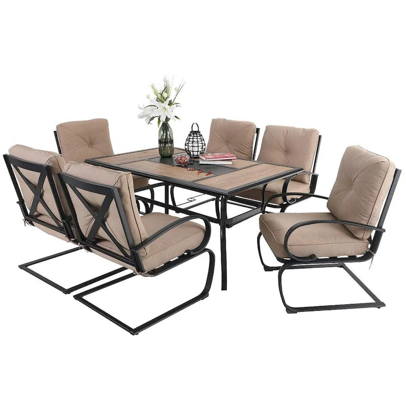 MAISON ARTS Ensemble de salle à manger de patio 7 pièces, comprenant 6 chaises de salle à manger à mouvement de ressort rembourrées avec accoudoirs et 1 table de salle à manger de patio