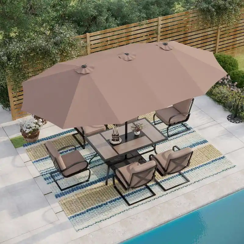 MAISON ARTS Ensemble de salle à manger de patio 7 pièces, comprenant 6 chaises de salle à manger à mouvement de ressort rembourrées avec accoudoirs et 1 table de salle à manger de patio
