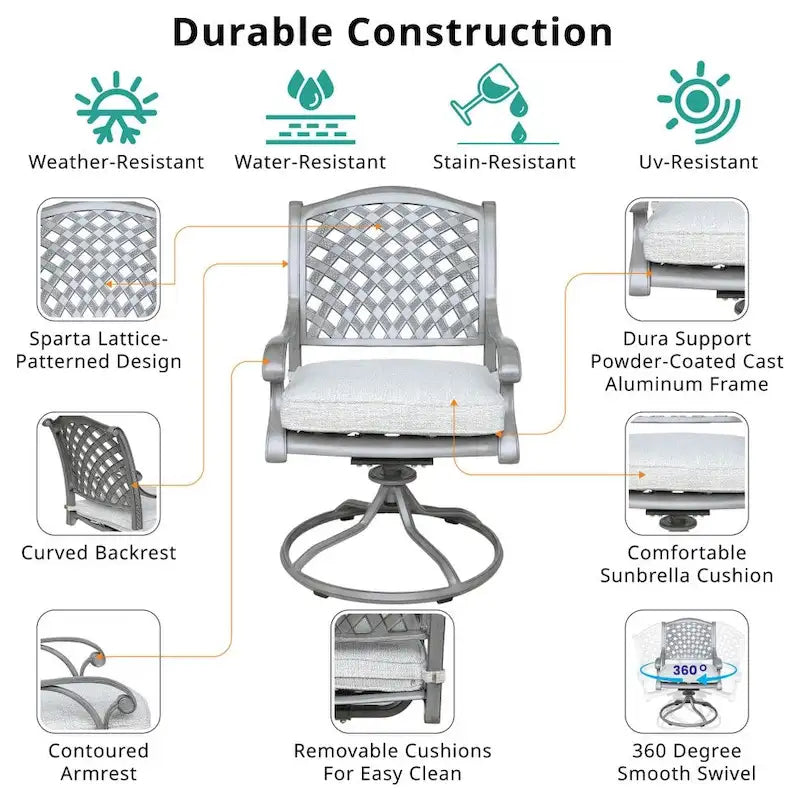 Fauteuil à bascule pivotant Ventura en fonte d'aluminium avec coussin (Lot de 2)