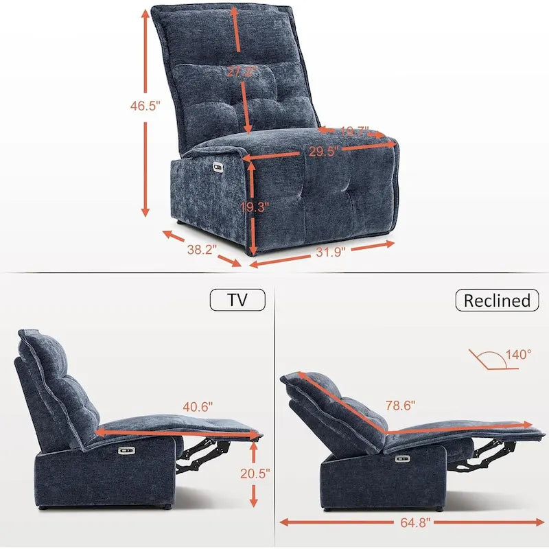 Fauteuil inclinable électrique sans accoudoirs avec ports USB, 3,5 po de dégagement mural, pour salon, ALR01