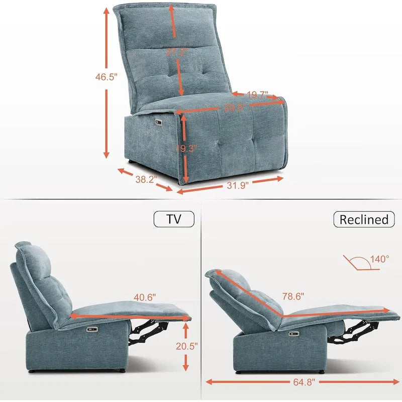 Fauteuil inclinable électrique sans accoudoirs avec ports USB, 3,5 po de dégagement mural, pour salon, ALR01