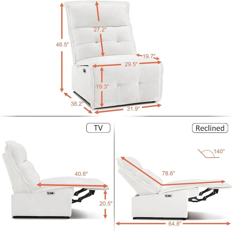 Fauteuil inclinable électrique sans accoudoirs avec ports USB, 3,5 po de dégagement mural, pour salon, ALR01