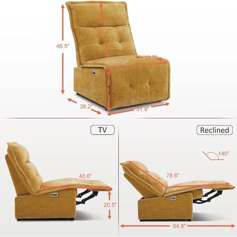 Fauteuil inclinable électrique sans accoudoirs avec ports USB, 3,5 po de dégagement mural, pour salon, ALR01