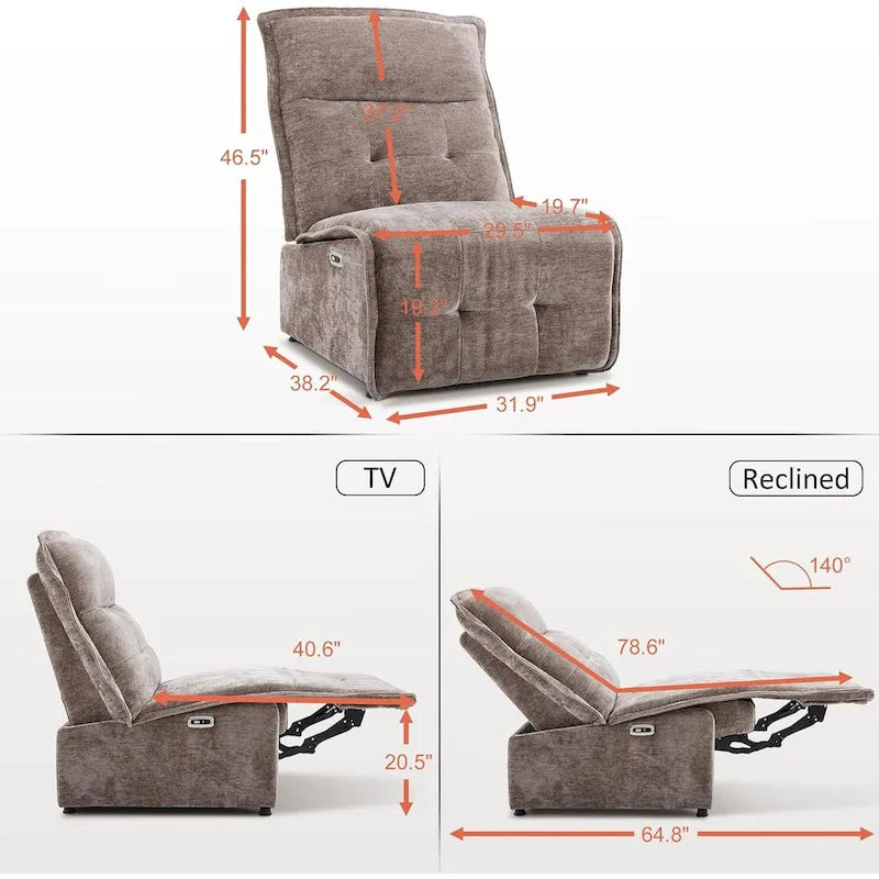 Fauteuil inclinable électrique sans accoudoirs avec ports USB, 3,5 po de dégagement mural, pour salon, ALR01