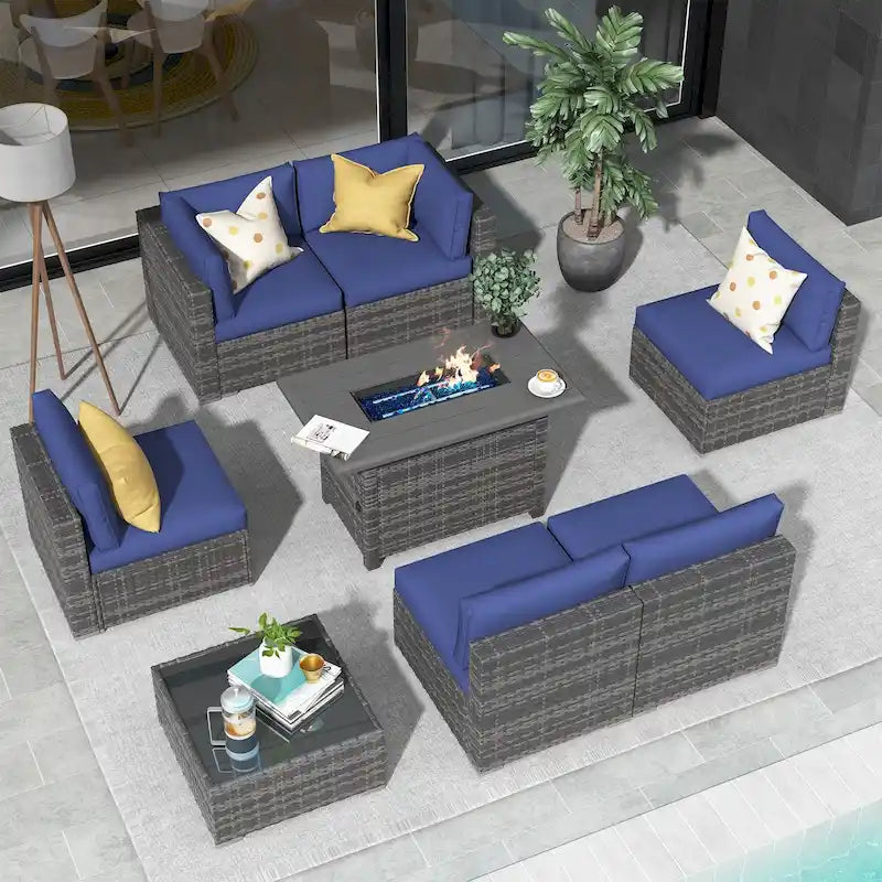 Ensemble de canapé d'angle extérieur 8 pièces en osier avec foyer