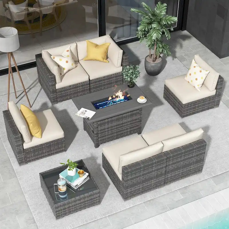 Ensemble de canapé d'angle extérieur 8 pièces en osier avec foyer