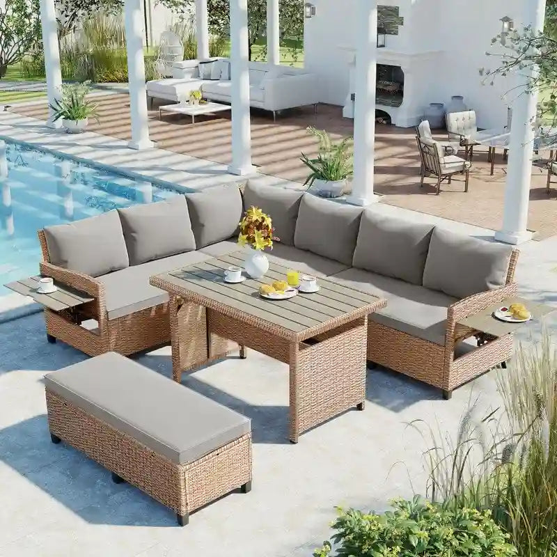 5-Piece Outdoor Patio Furniture Set, PE Wicker L-Shaped Sofa Set with 2 Extendable Side Tables, Dining Table and Bench