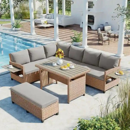 5-Piece Outdoor Patio Furniture Set, PE Wicker L-Shaped Sofa Set with 2 Extendable Side Tables, Dining Table and Bench