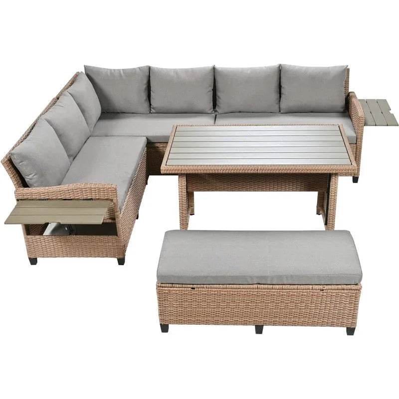 Ensemble de mobilier de patio extérieur 5 pièces, ensemble de canapé en rotin PE en forme de L avec 2 tables d'appoint extensibles, table à manger et banc
