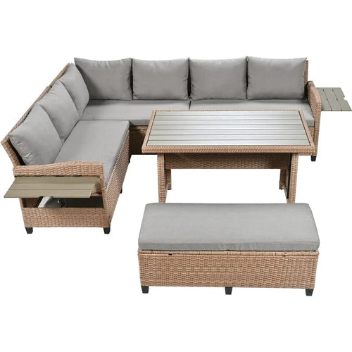 Ensemble de mobilier de patio extérieur 5 pièces, ensemble de canapé en rotin PE en forme de L avec 2 tables d'appoint extensibles, table à manger et banc