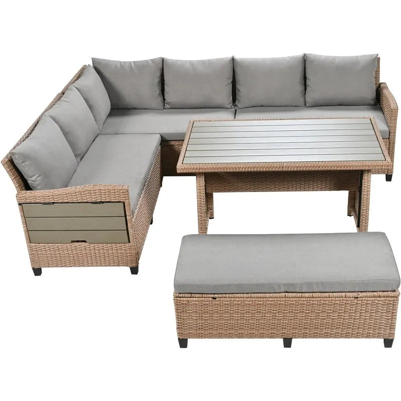 Ensemble de mobilier de patio extérieur 5 pièces, ensemble de canapé en rotin PE en forme de L avec 2 tables d'appoint extensibles, table à manger et banc