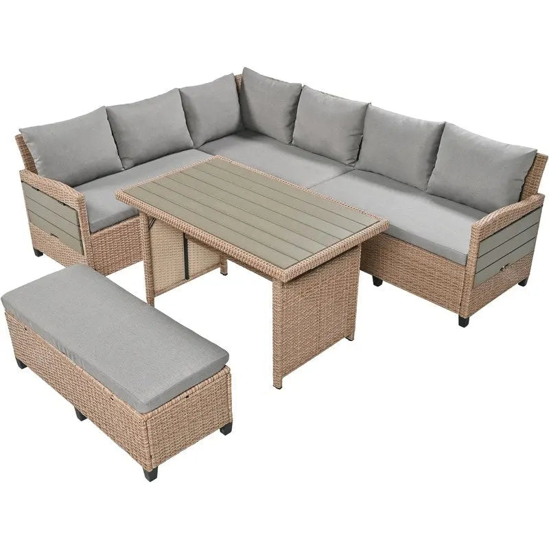 Ensemble de mobilier de patio extérieur 5 pièces, ensemble de canapé en rotin PE en forme de L avec 2 tables d'appoint extensibles, table à manger et banc