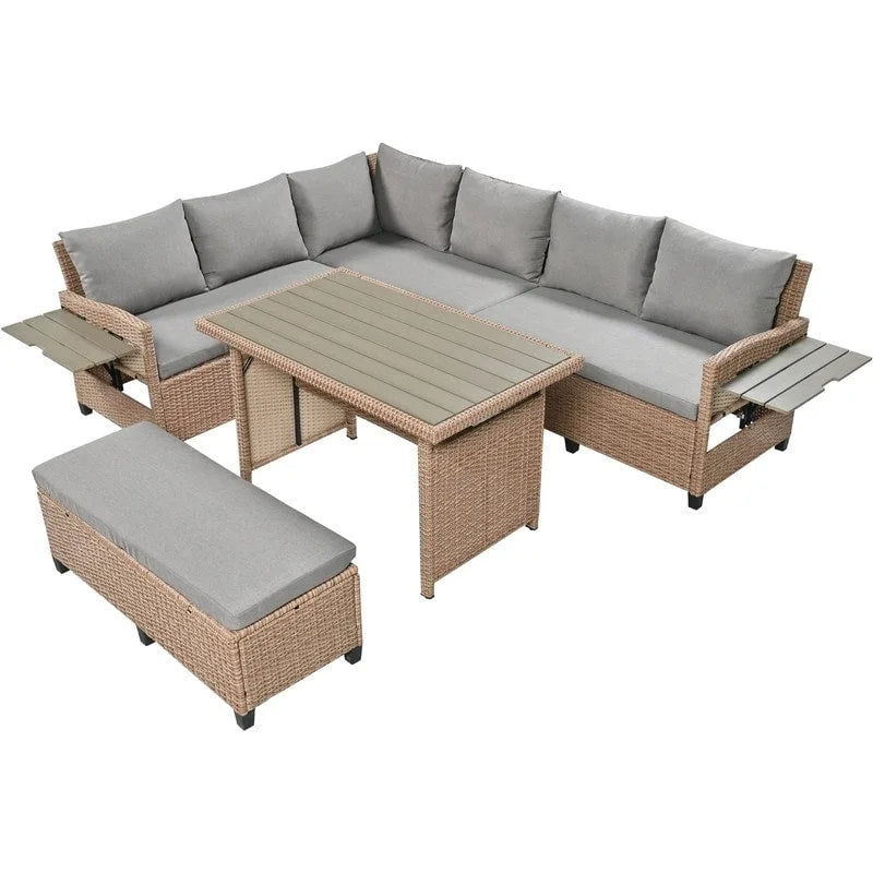 Ensemble de mobilier de patio extérieur 5 pièces, ensemble de canapé en rotin PE en forme de L avec 2 tables d'appoint extensibles, table à manger et banc