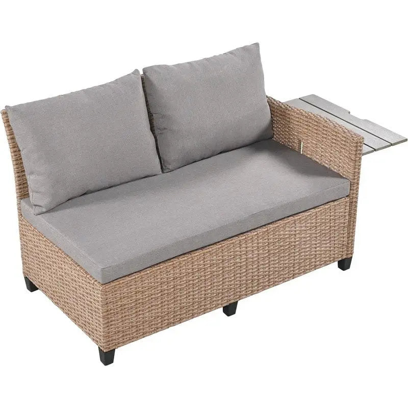 Ensemble de mobilier de patio extérieur 5 pièces, ensemble de canapé en rotin PE en forme de L avec 2 tables d'appoint extensibles, table à manger et banc