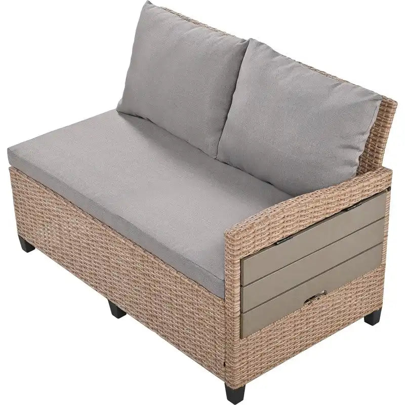Ensemble de mobilier de patio extérieur 5 pièces, ensemble de canapé en rotin PE en forme de L avec 2 tables d'appoint extensibles, table à manger et banc