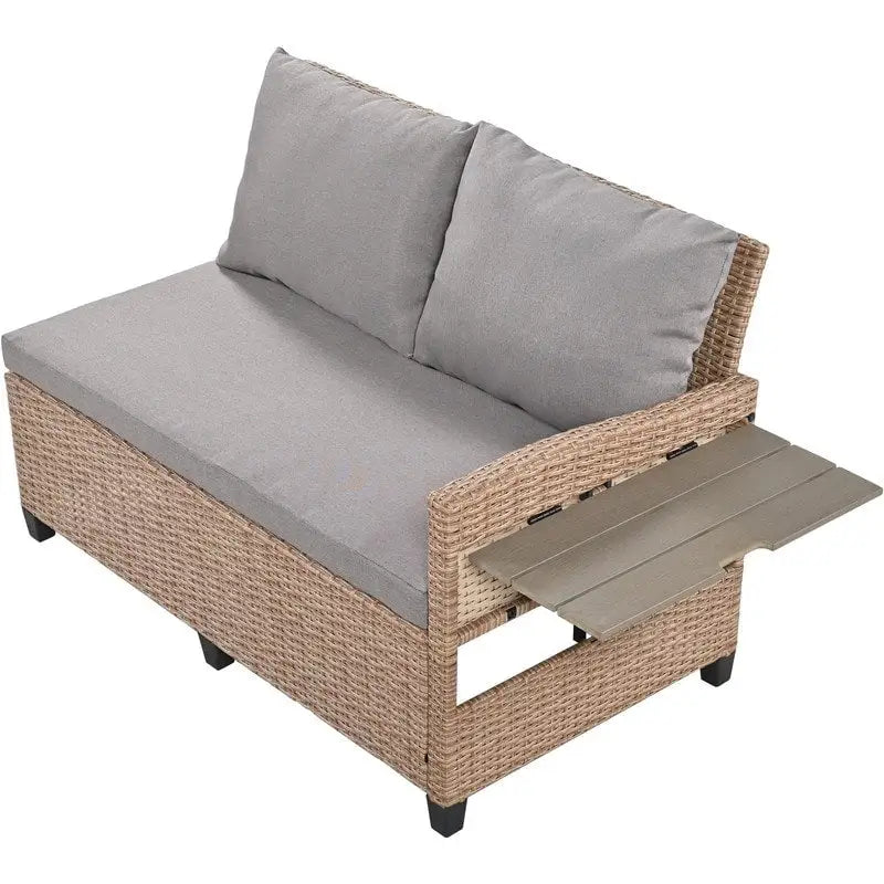 Ensemble de mobilier de patio extérieur 5 pièces, ensemble de canapé en rotin PE en forme de L avec 2 tables d'appoint extensibles, table à manger et banc