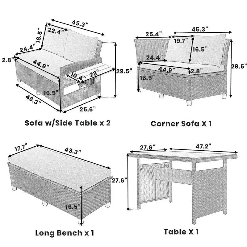 Ensemble de mobilier de patio extérieur 5 pièces, ensemble de canapé en rotin PE en forme de L avec 2 tables d'appoint extensibles, table à manger et banc