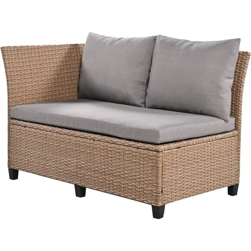 Ensemble de mobilier de patio extérieur 5 pièces, ensemble de canapé en rotin PE en forme de L avec 2 tables d'appoint extensibles, table à manger et banc