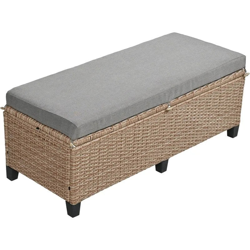 Ensemble de mobilier de patio extérieur 5 pièces, ensemble de canapé en rotin PE en forme de L avec 2 tables d'appoint extensibles, table à manger et banc
