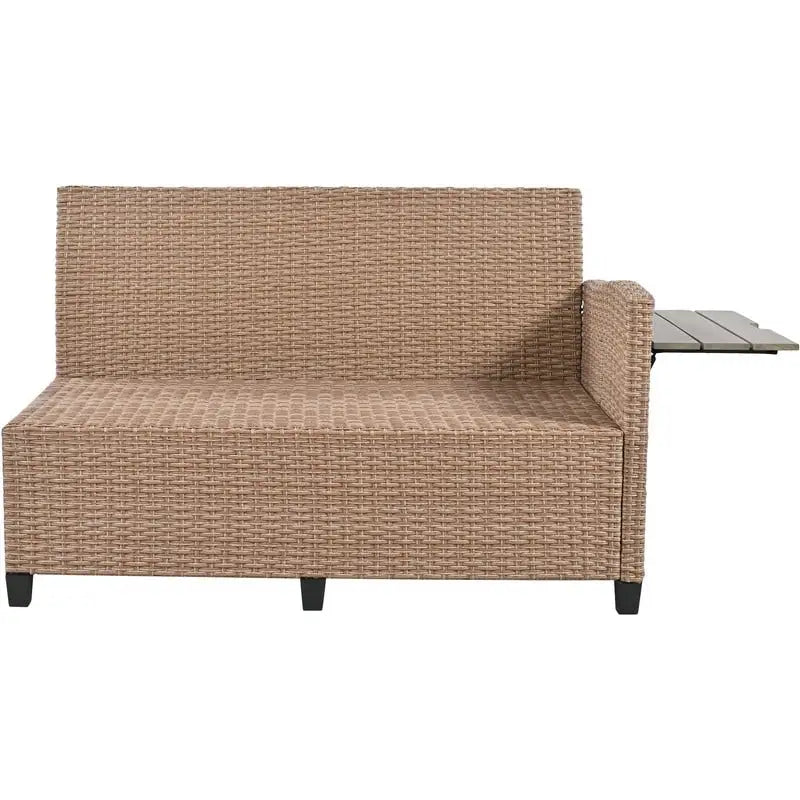 Ensemble de mobilier de patio extérieur 5 pièces, ensemble de canapé en rotin PE en forme de L avec 2 tables d'appoint extensibles, table à manger et banc