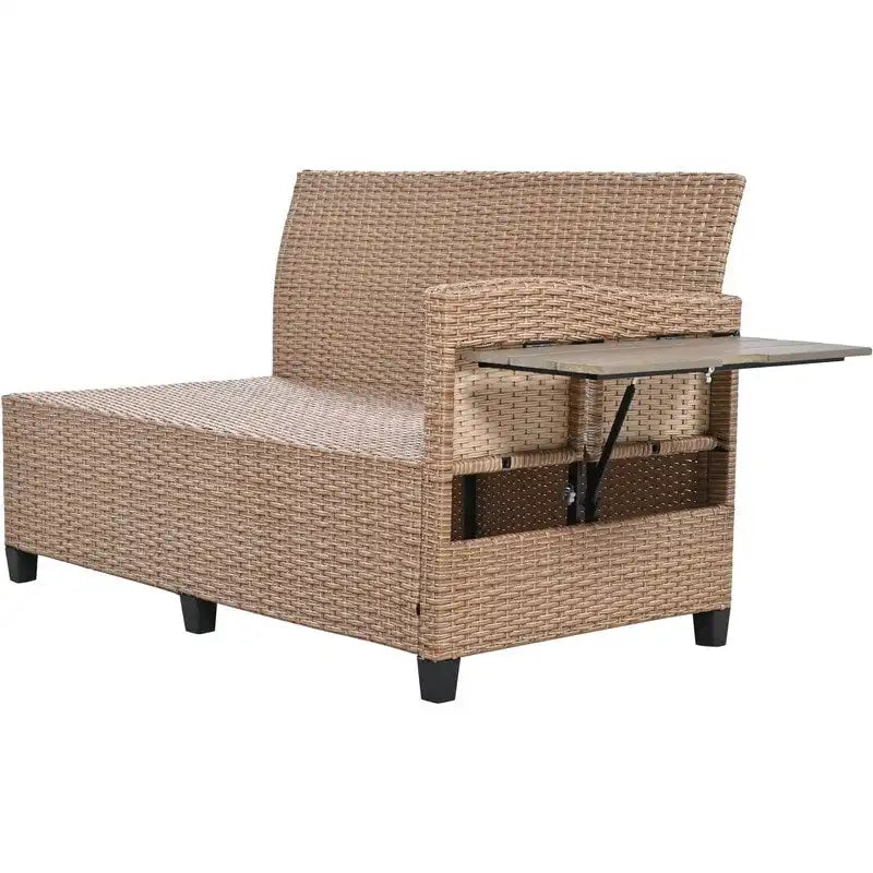 Ensemble de mobilier de patio extérieur 5 pièces, ensemble de canapé en rotin PE en forme de L avec 2 tables d'appoint extensibles, table à manger et banc