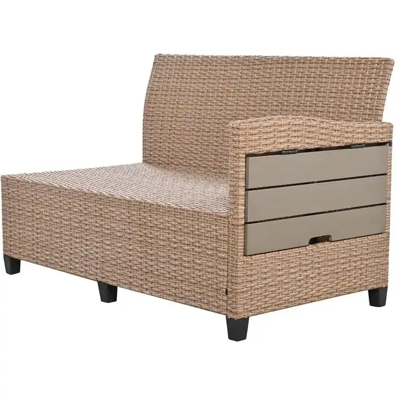 Ensemble de mobilier de patio extérieur 5 pièces, ensemble de canapé en rotin PE en forme de L avec 2 tables d'appoint extensibles, table à manger et banc