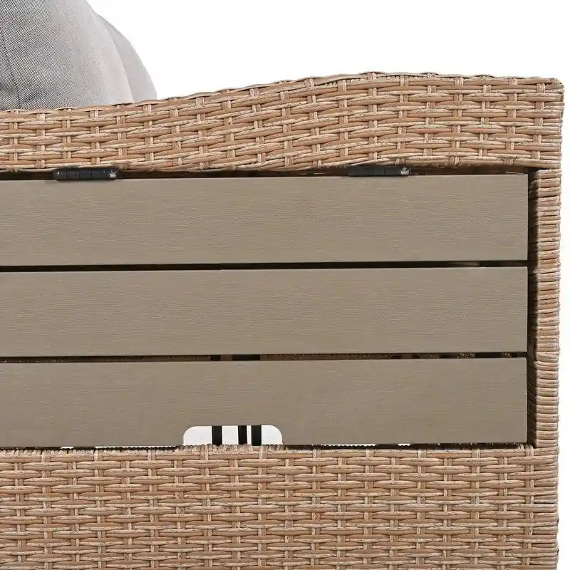 Ensemble de mobilier de patio extérieur 5 pièces, ensemble de canapé en rotin PE en forme de L avec 2 tables d'appoint extensibles, table à manger et banc