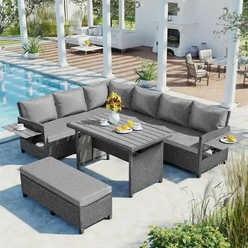 Ensemble de mobilier de patio extérieur 5 pièces, ensemble de canapé en rotin PE en forme de L avec 2 tables d'appoint extensibles, table à manger et banc