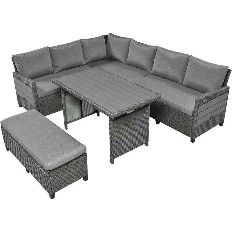 Ensemble de mobilier de patio extérieur 5 pièces, ensemble de canapé en rotin PE en forme de L avec 2 tables d'appoint extensibles, table à manger et banc