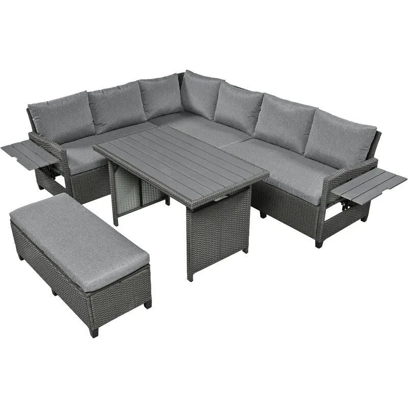 Ensemble de mobilier de patio extérieur 5 pièces, ensemble de canapé en rotin PE en forme de L avec 2 tables d'appoint extensibles, table à manger et banc