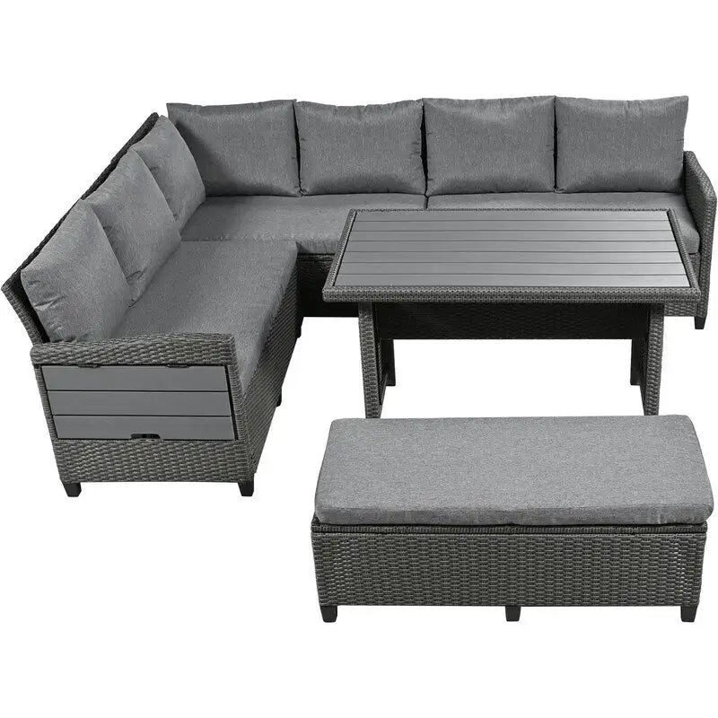 Ensemble de mobilier de patio extérieur 5 pièces, ensemble de canapé en rotin PE en forme de L avec 2 tables d'appoint extensibles, table à manger et banc