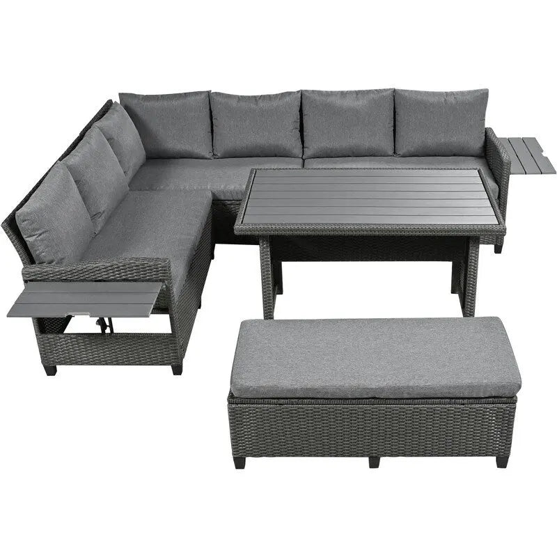 Ensemble de mobilier de patio extérieur 5 pièces, ensemble de canapé en rotin PE en forme de L avec 2 tables d'appoint extensibles, table à manger et banc