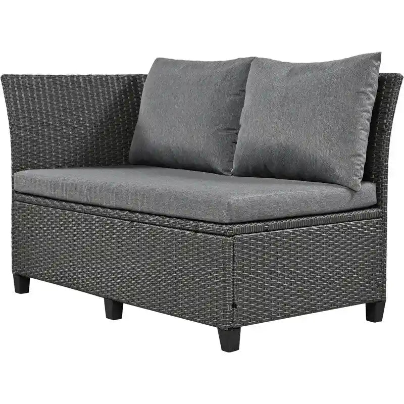 Ensemble de mobilier de patio extérieur 5 pièces, ensemble de canapé en rotin PE en forme de L avec 2 tables d'appoint extensibles, table à manger et banc
