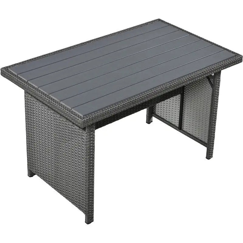 Ensemble de mobilier de patio extérieur 5 pièces, ensemble de canapé en rotin PE en forme de L avec 2 tables d'appoint extensibles, table à manger et banc