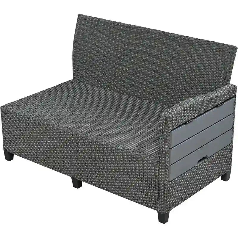 Ensemble de mobilier de patio extérieur 5 pièces, ensemble de canapé en rotin PE en forme de L avec 2 tables d'appoint extensibles, table à manger et banc