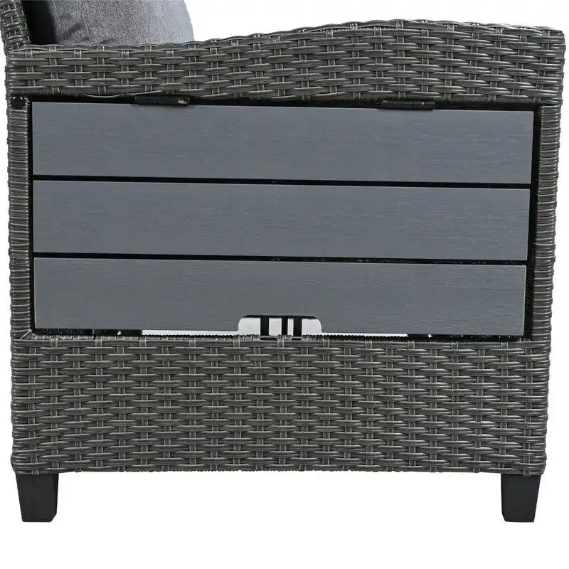 Ensemble de mobilier de patio extérieur 5 pièces, ensemble de canapé en rotin PE en forme de L avec 2 tables d'appoint extensibles, table à manger et banc