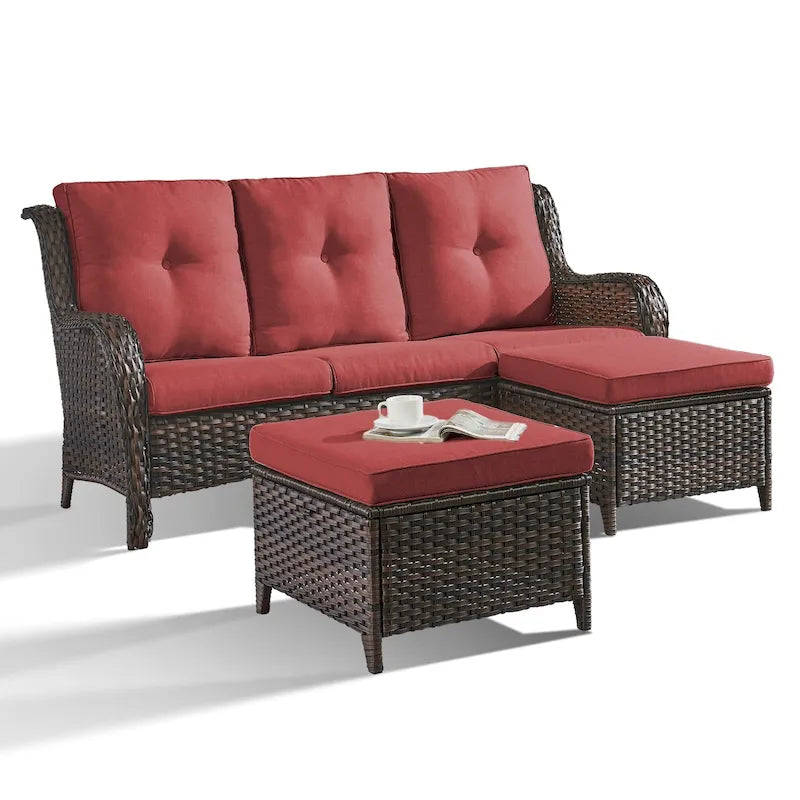 Pocassy Salon de jardin 3 pièces en osier avec ottoman