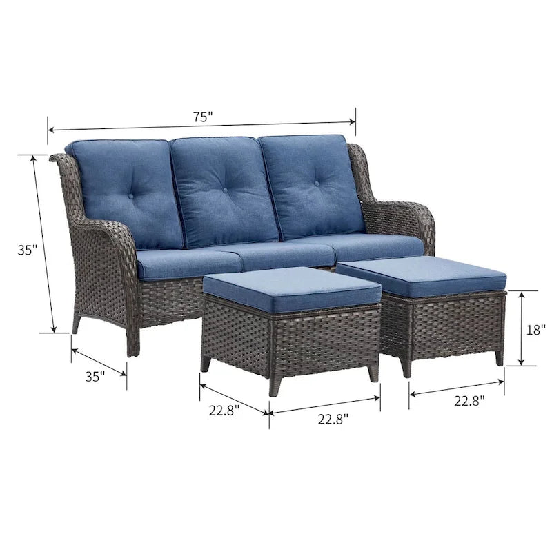 Ensemble de canapé d'extérieur 3 pièces en osier avec pouf Pocassy