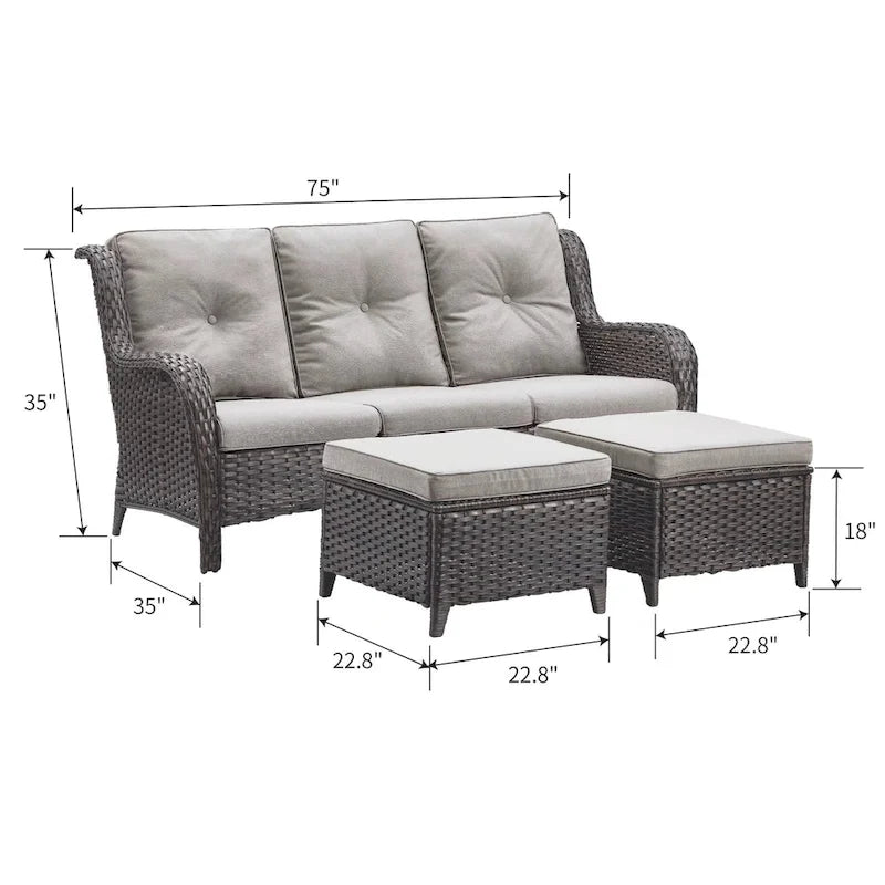 Ensemble de canapé d'extérieur 3 pièces en osier avec pouf Pocassy
