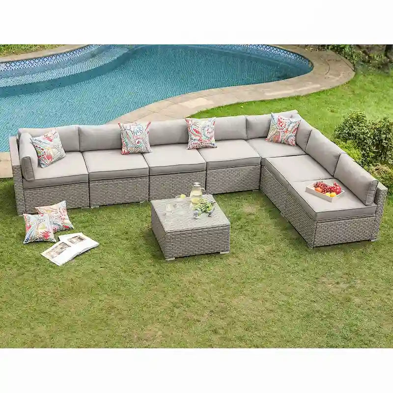 Ensemble de jardin sectionnel COSIEST 8 pièces en rotin synthétique avec coussins