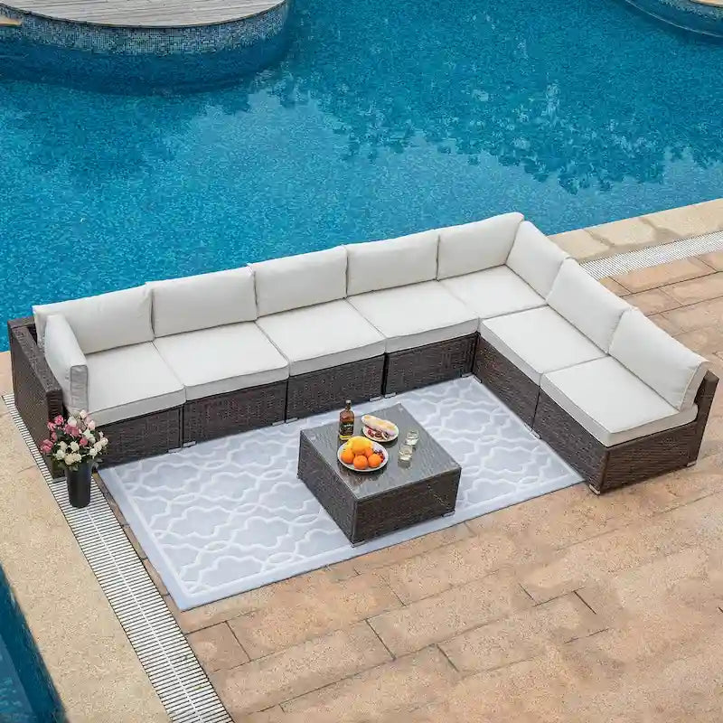 Ensemble de mobilier d'extérieur d'angle COSIEST 8 pièces en rotin synthétique avec coussins