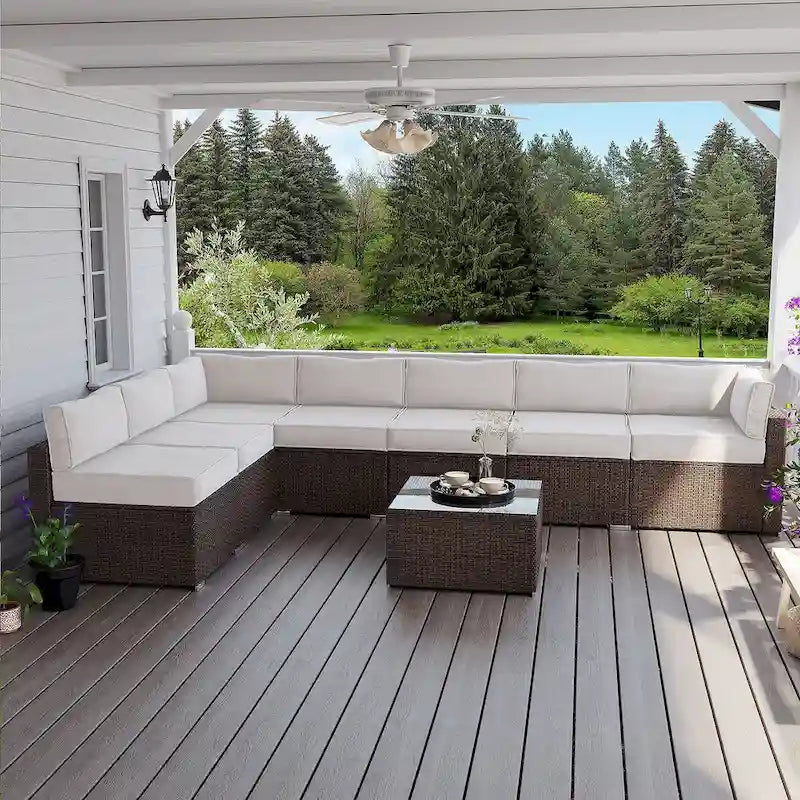 Ensemble de jardin sectionnel COSIEST 8 pièces en rotin synthétique avec coussins