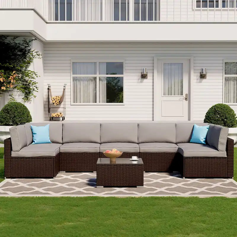 Ensemble de jardin sectionnel COSIEST 8 pièces en rotin synthétique avec coussins